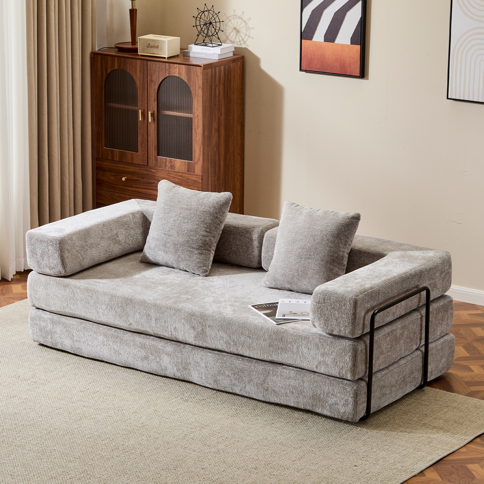 Floor Couch,Compression Sofa,Convertible Floor Sofa Bed-with Pillow Back Support Armrest,Comfy Futon Couch Lounge Sleeper Bed (Light-Grey)_voghion.com